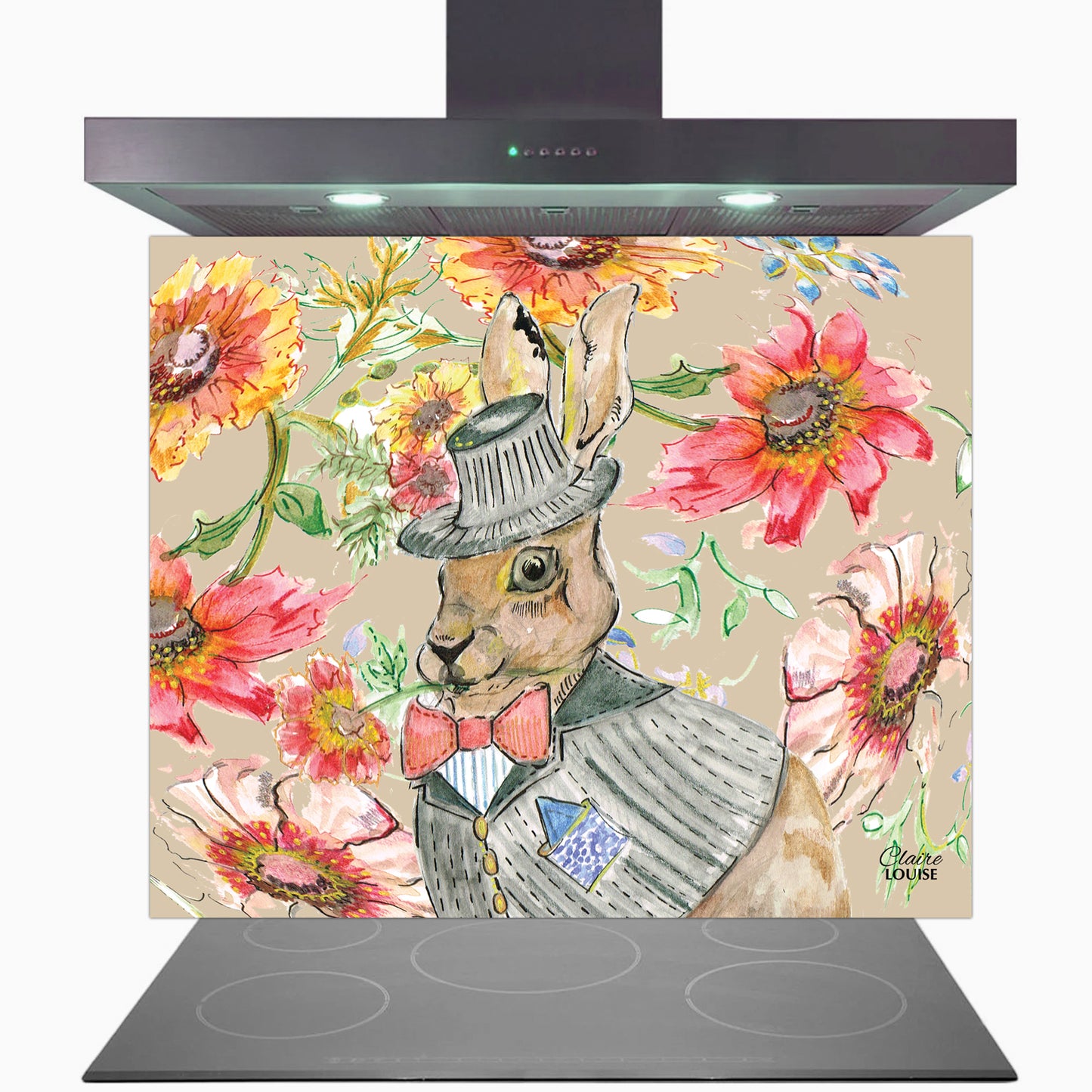Cottage Floral Hare Glass Kitchen Splashback