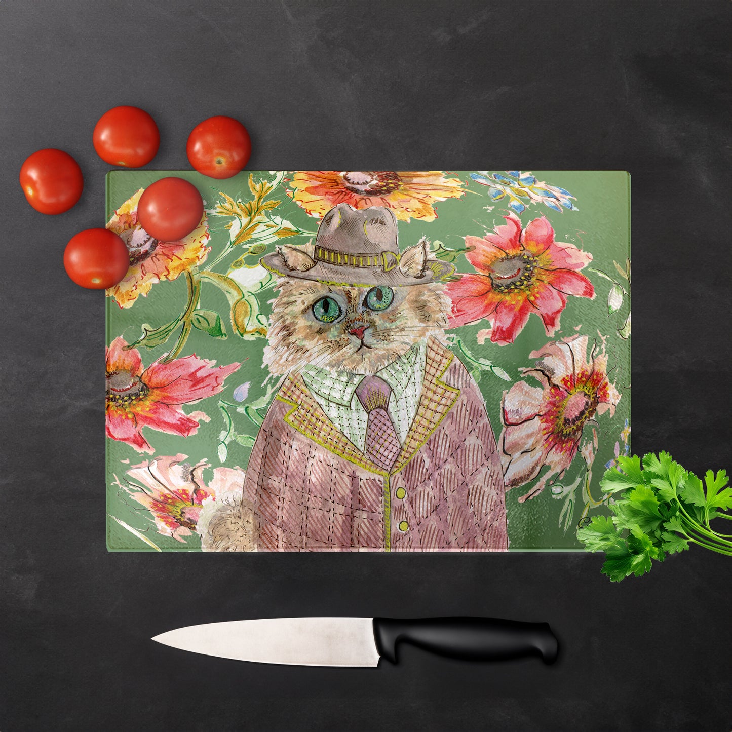 Cottage Floral Cat Chopping Board