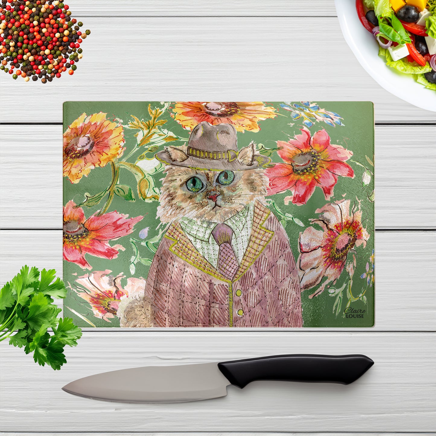 Cottage Floral Cat Chopping Board