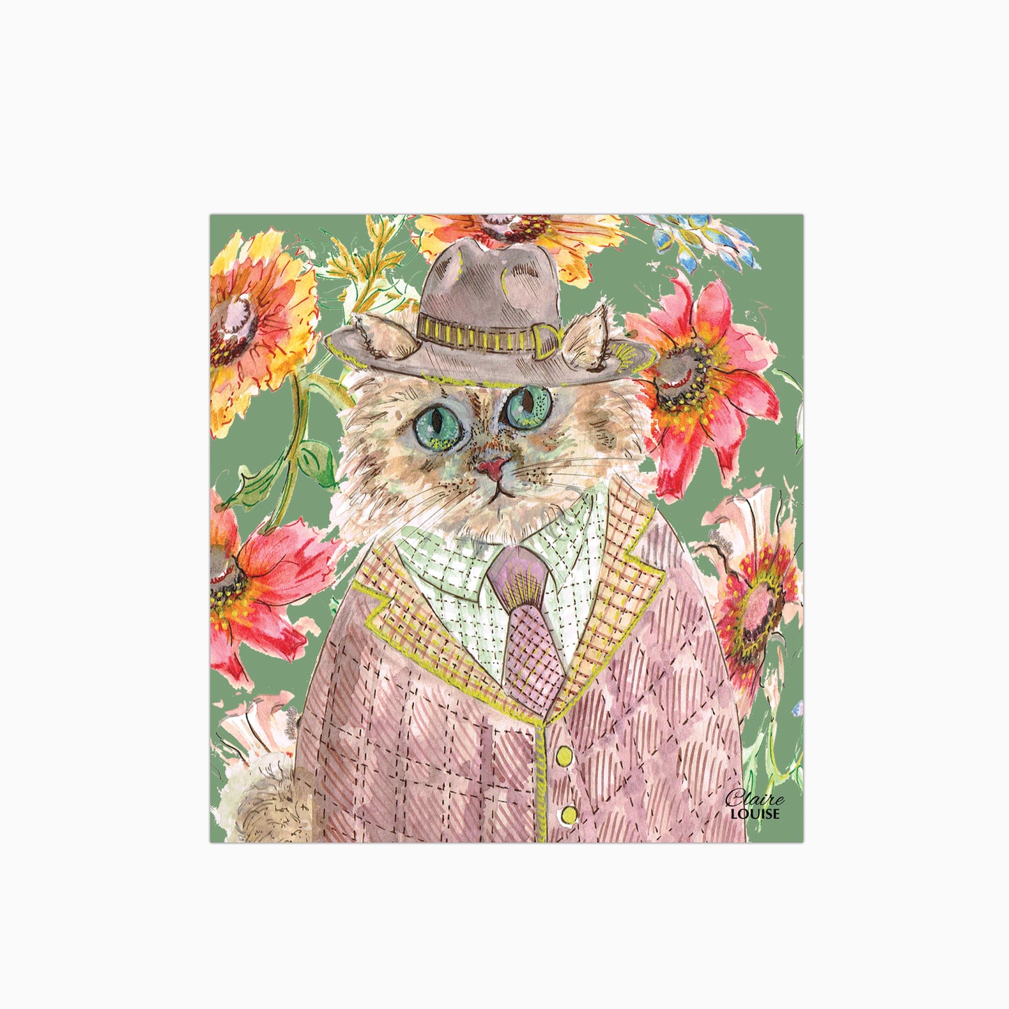 Cottage Floral Cat Glass Kitchen Splashback