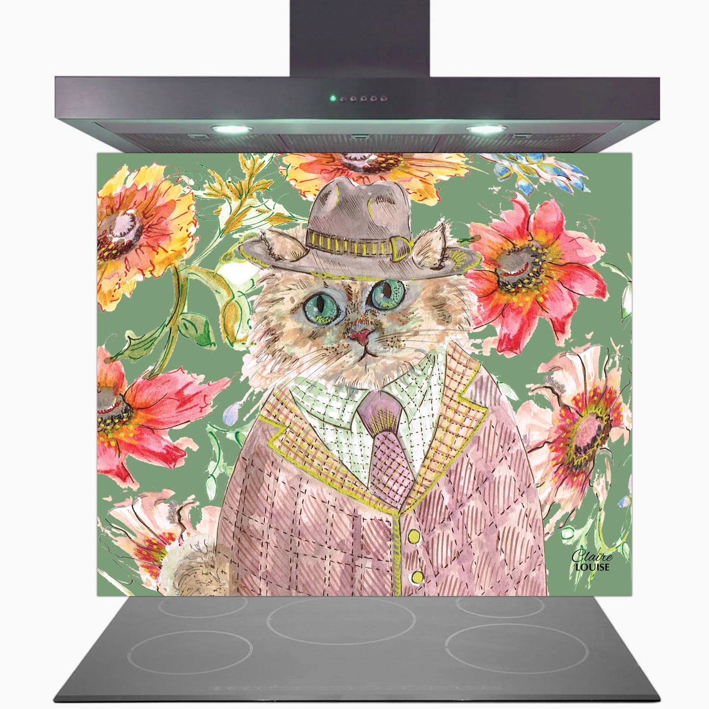 Cottage Floral Cat Glass Kitchen Splashback