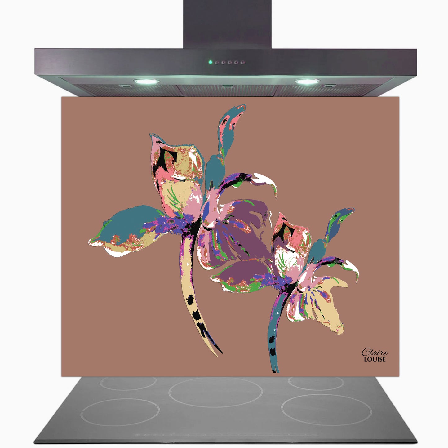 Flora Pop Mocha Mousse Iris Glass Kitchen Splashback