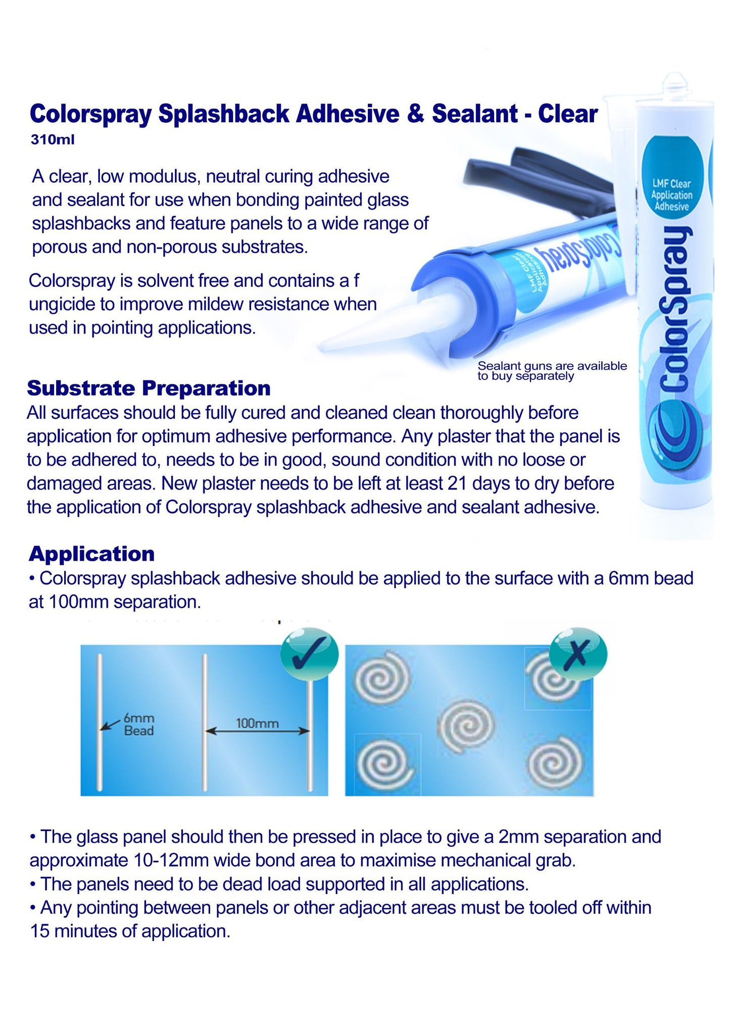Colorspray Clear Adhesive and Sealant for Tempered Glass Kitchen Splashbacks, 6mm Toughened Heat-Resistant Glass for Cookers, Solvent-Free 310ml