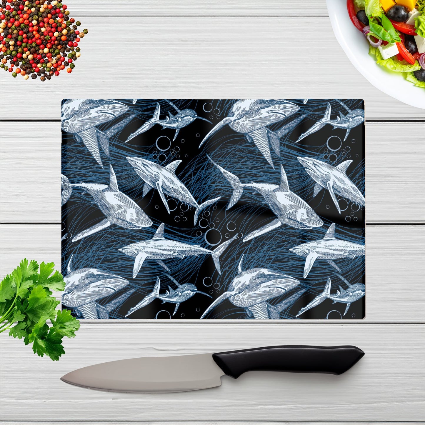 Hand Drawn Shark Pattern Glass Chopping Board