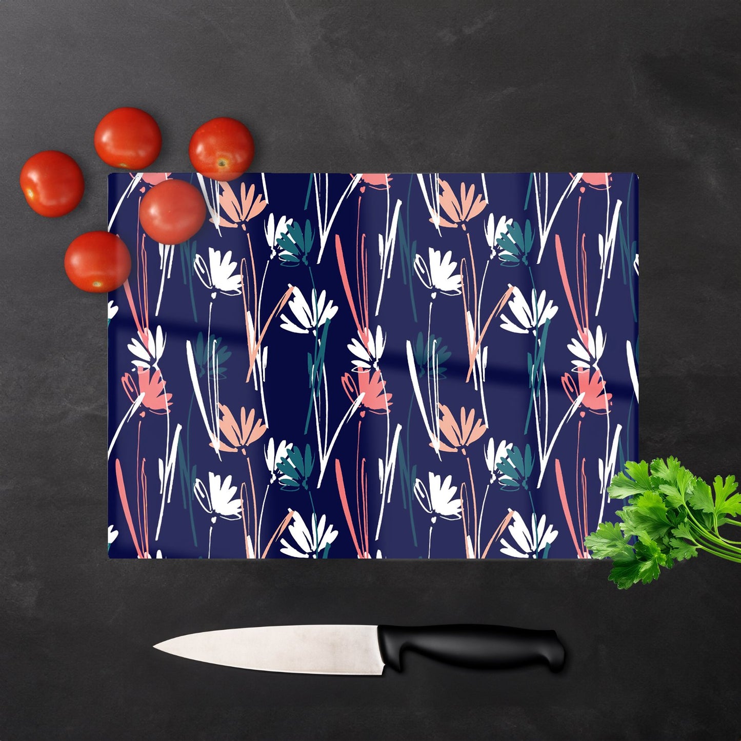 Hand Drawn Wild Flowers Glass Chopping Board