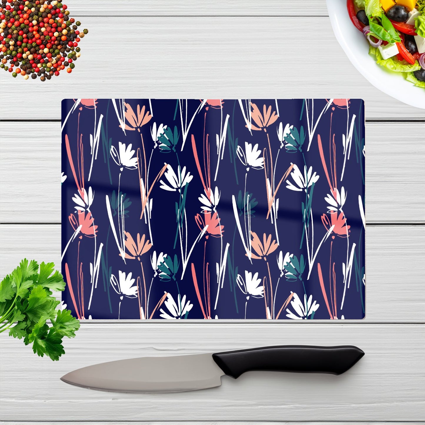 Hand Drawn Wild Flowers Glass Chopping Board