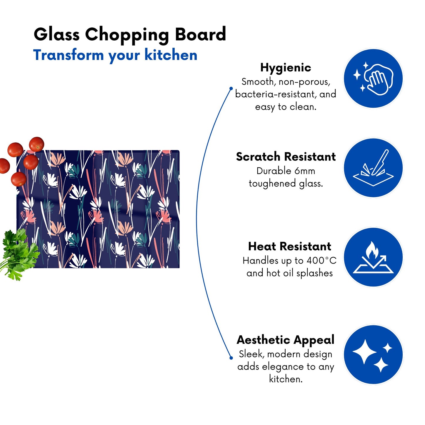 Hand Drawn Wild Flowers Glass Chopping Board