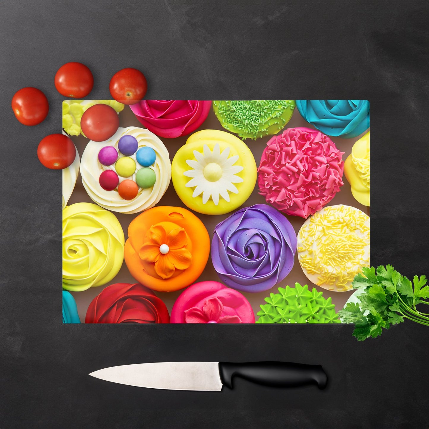Bright Colourful Cupcakes Glass Chopping Board