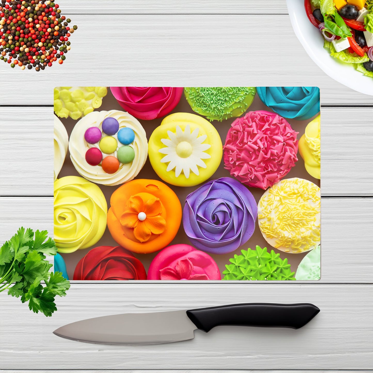 Bright Colourful Cupcakes Glass Chopping Board