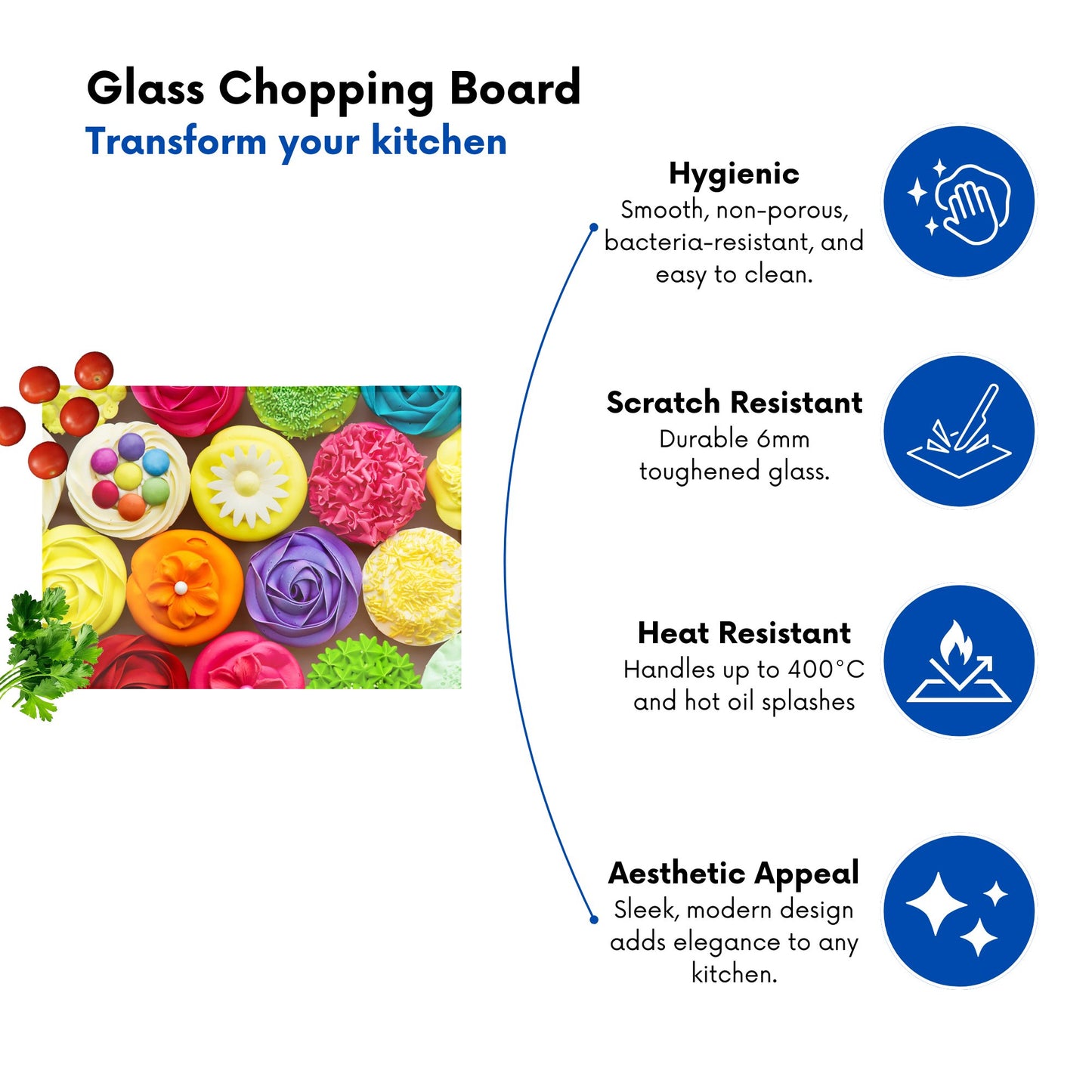 Bright Colourful Cupcakes Glass Chopping Board