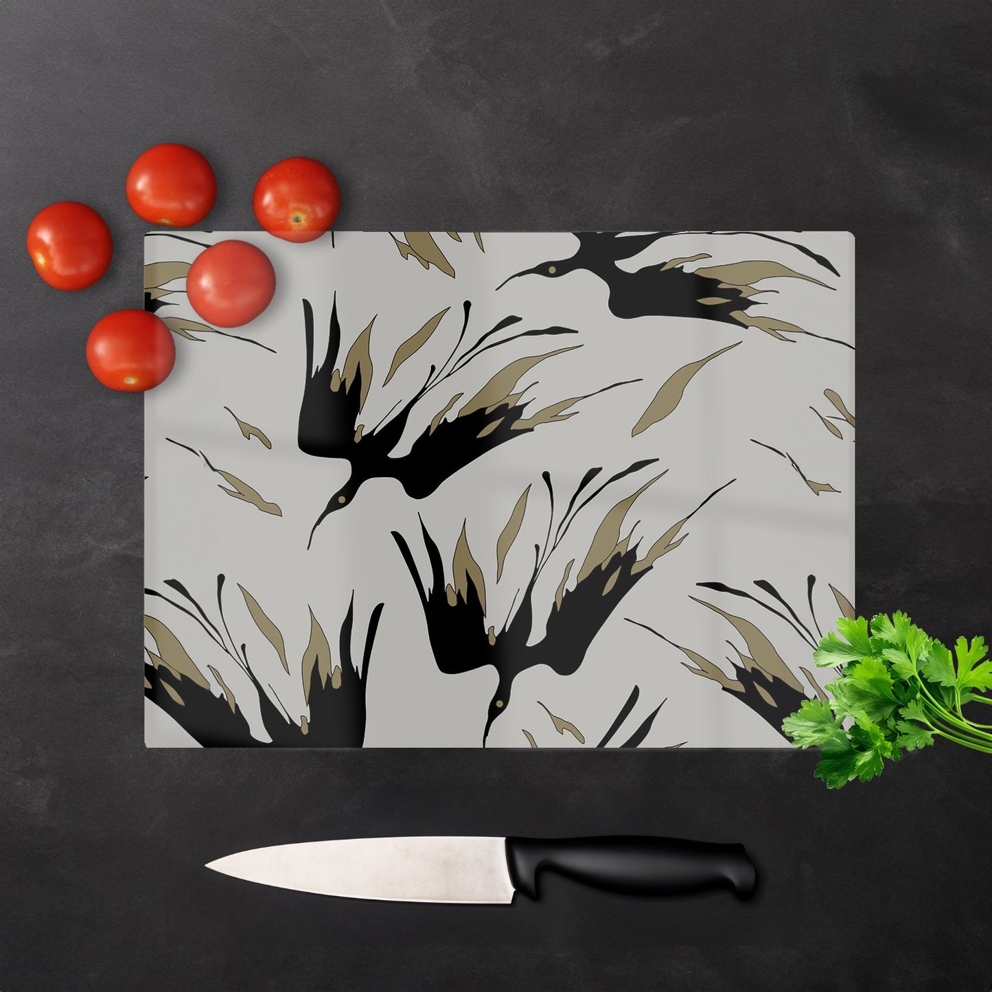 Black And Gold Fire Bird Silhouettes Glass Chopping Board
