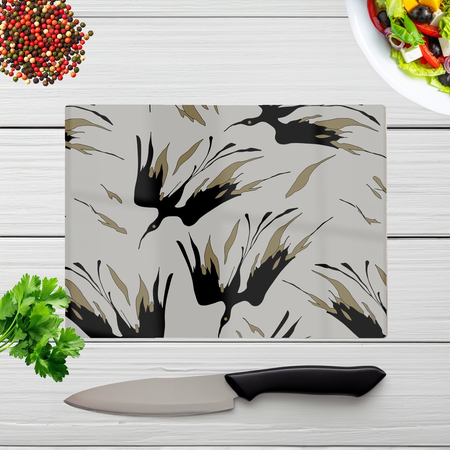 Black And Gold Fire Bird Silhouettes Glass Chopping Board