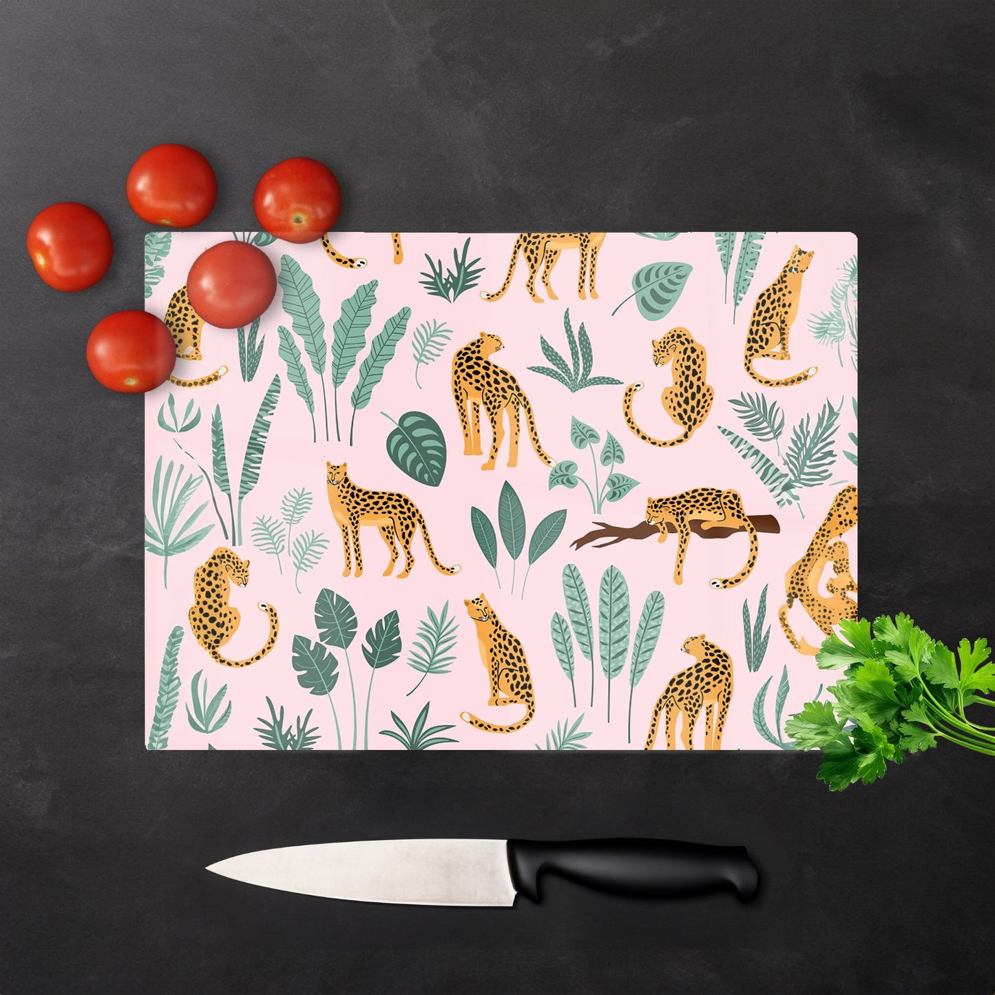 Hand Drawn Leopards Glass Chopping Board