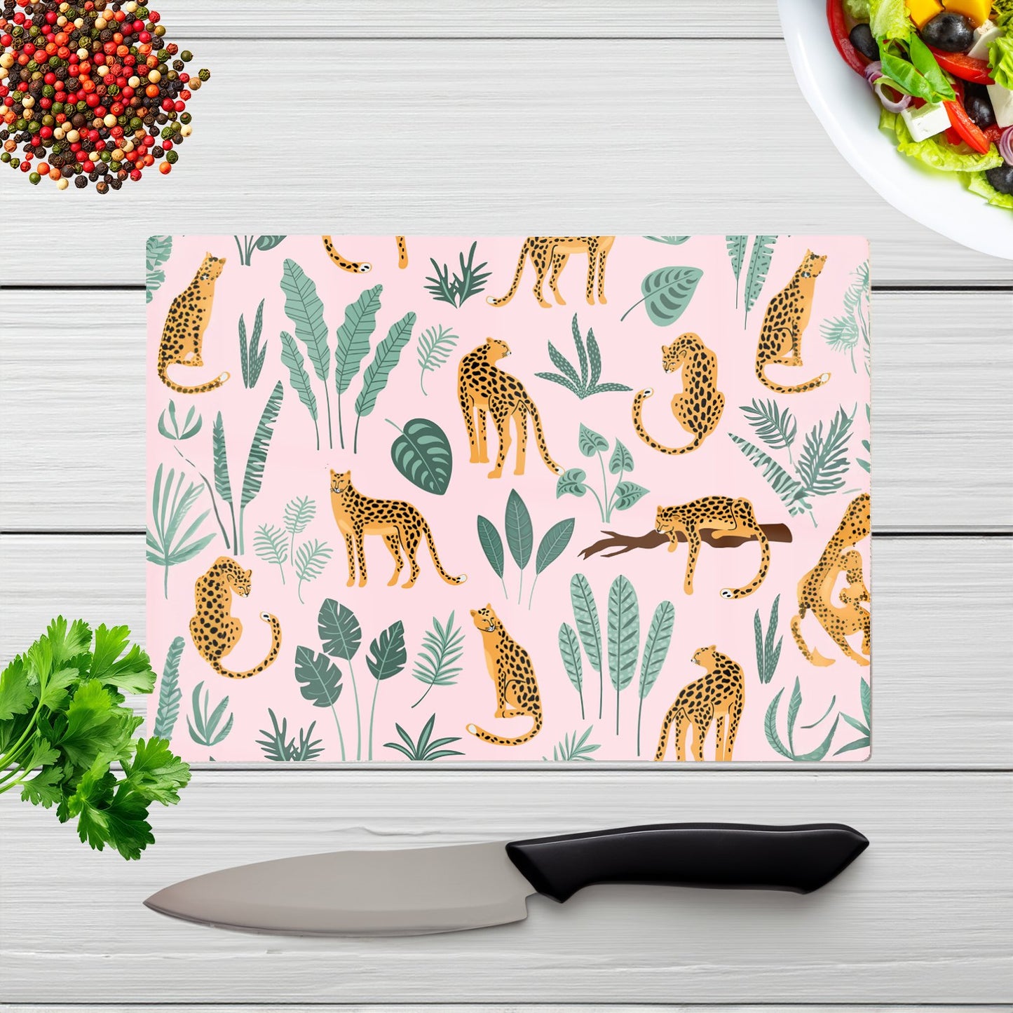 Hand Drawn Leopards Glass Chopping Board