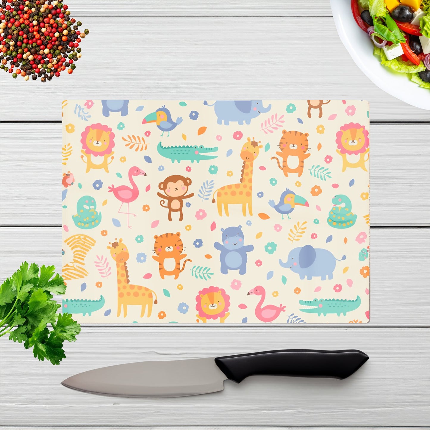 Cute Pastel Jungle Animals Glass Chopping Board