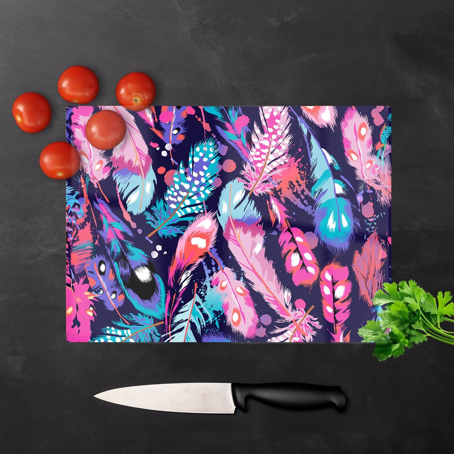 Beautiful Colourful Feathers Glass Chopping Board