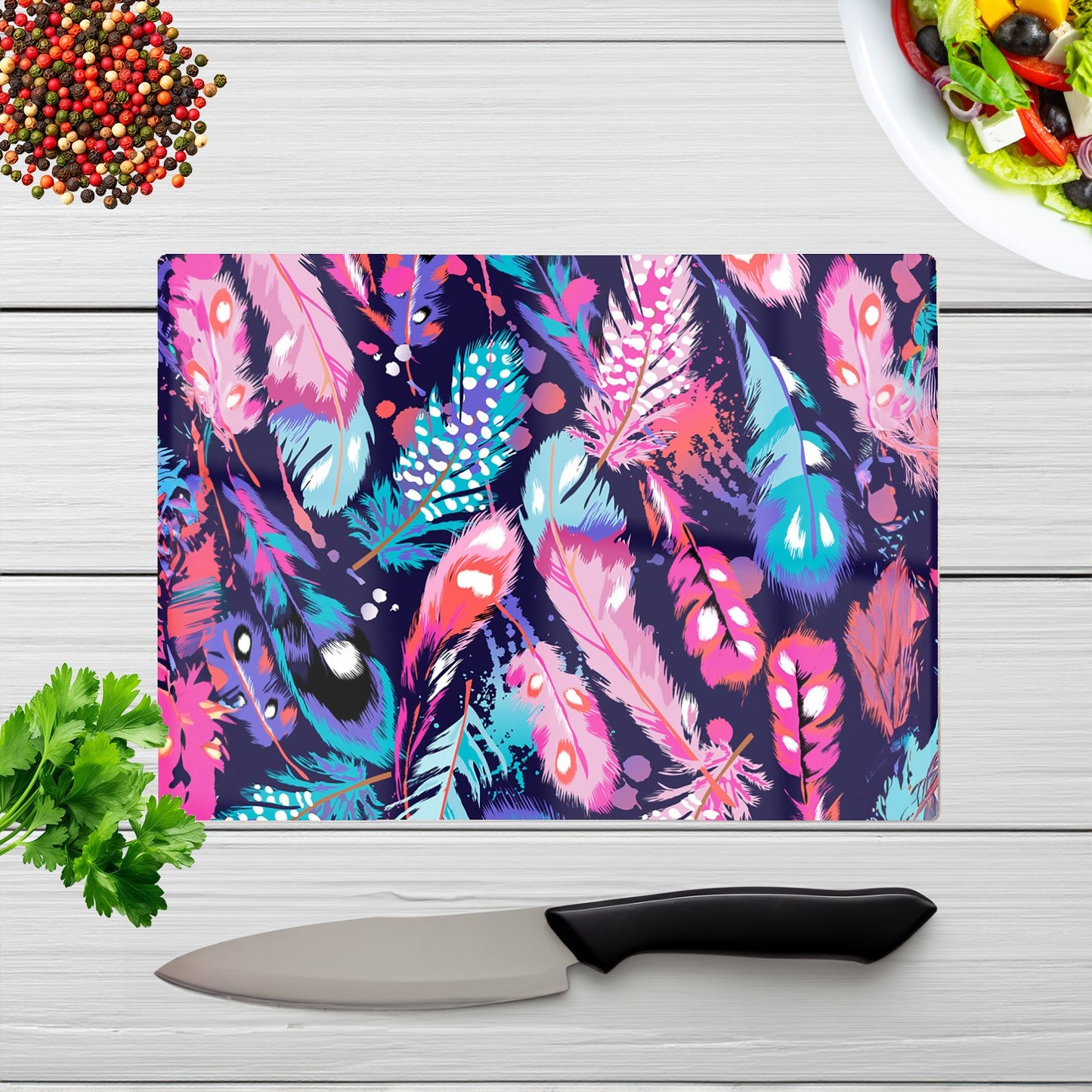 Beautiful Colourful Feathers Glass Chopping Board
