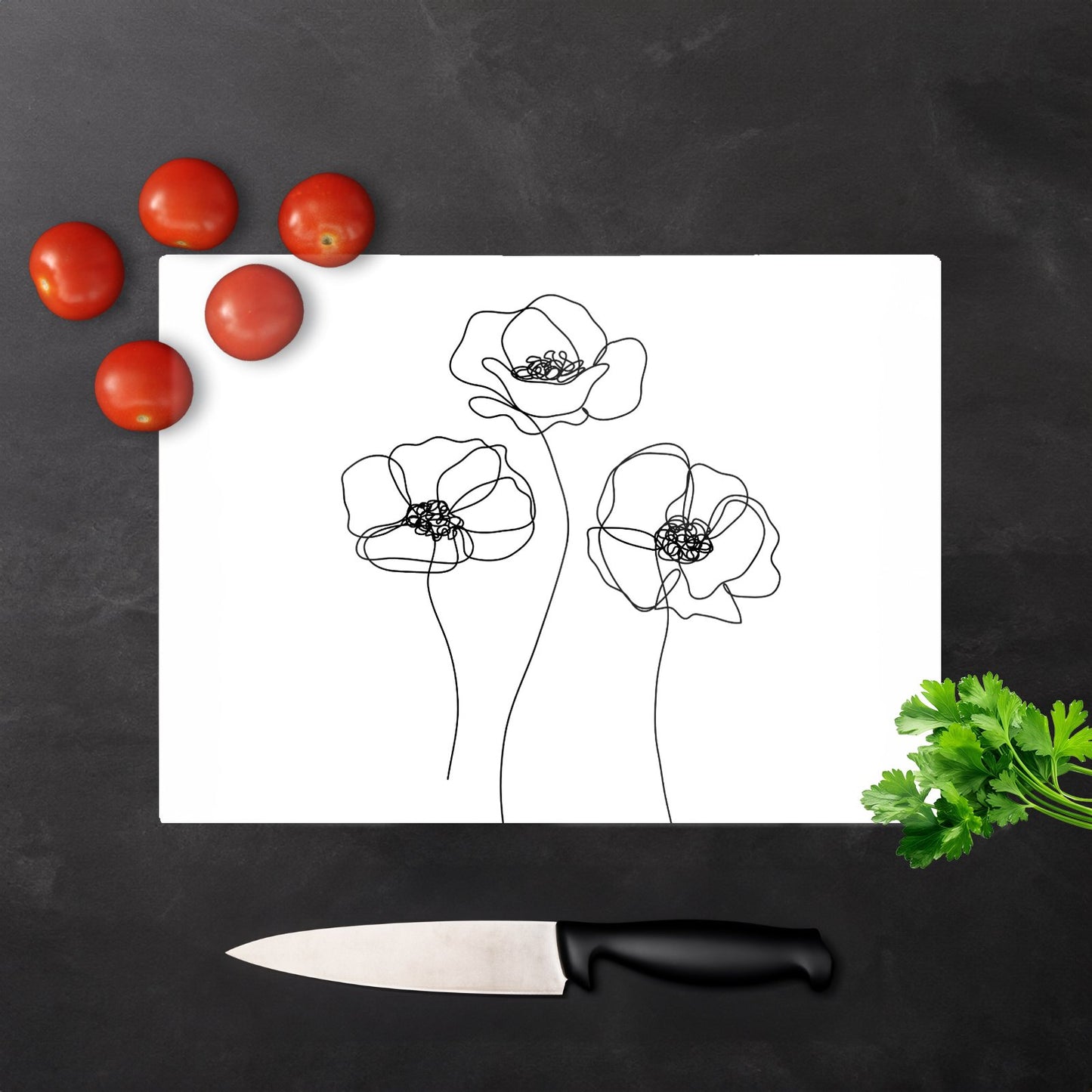 Monochrome Line Drawn Poppies Glass Chopping Board