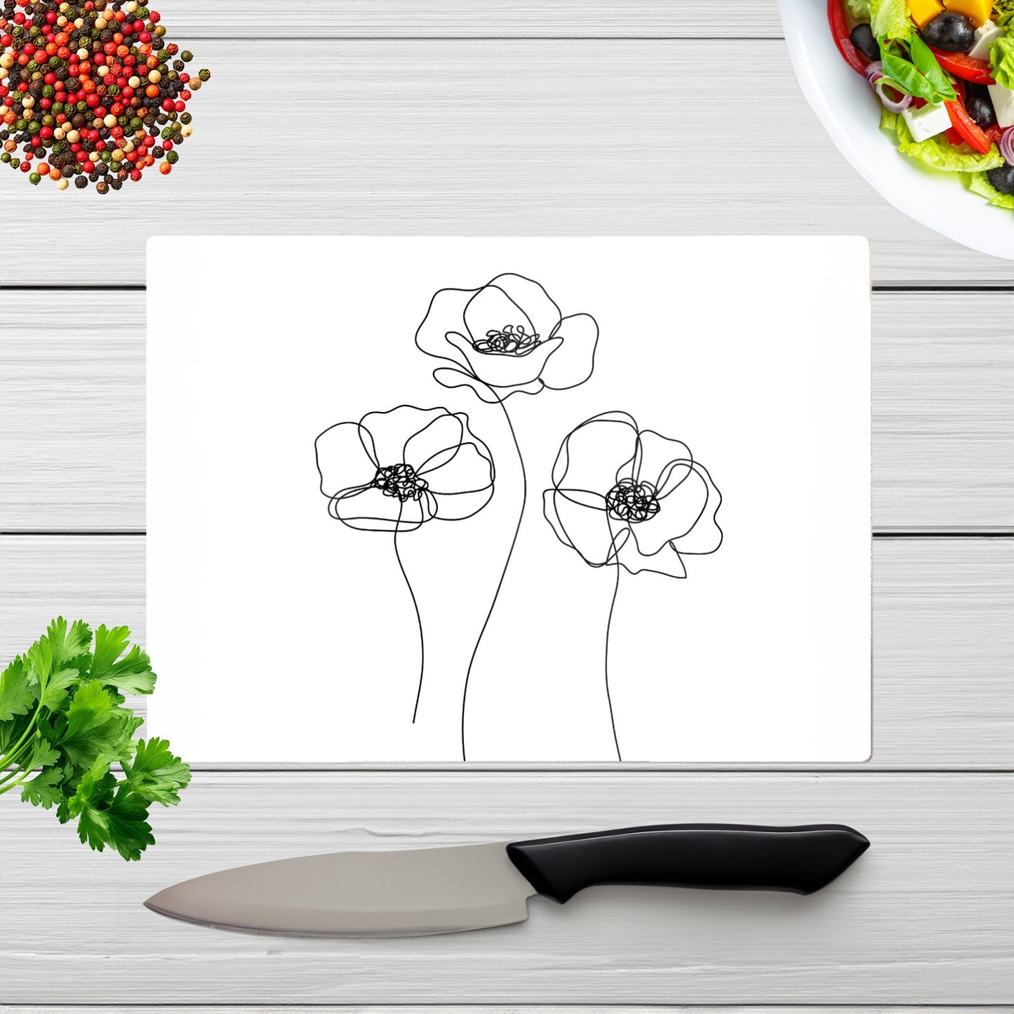 Monochrome Line Drawn Poppies Glass Chopping Board