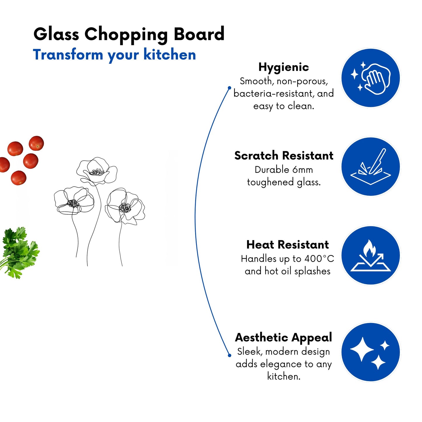 Monochrome Line Drawn Poppies Glass Chopping Board