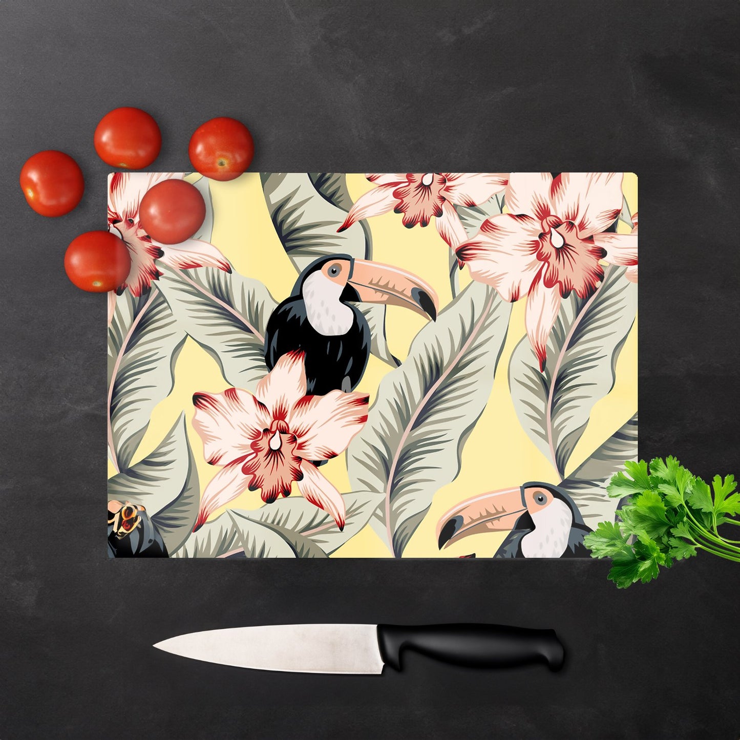 Toucans Orchids And Palm Leaves Glass Chopping Board