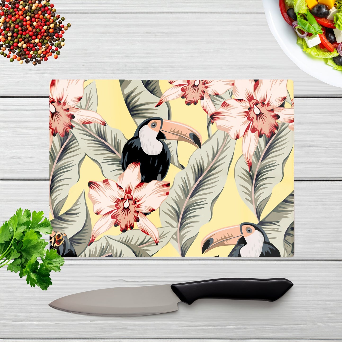 Toucans Orchids And Palm Leaves Glass Chopping Board
