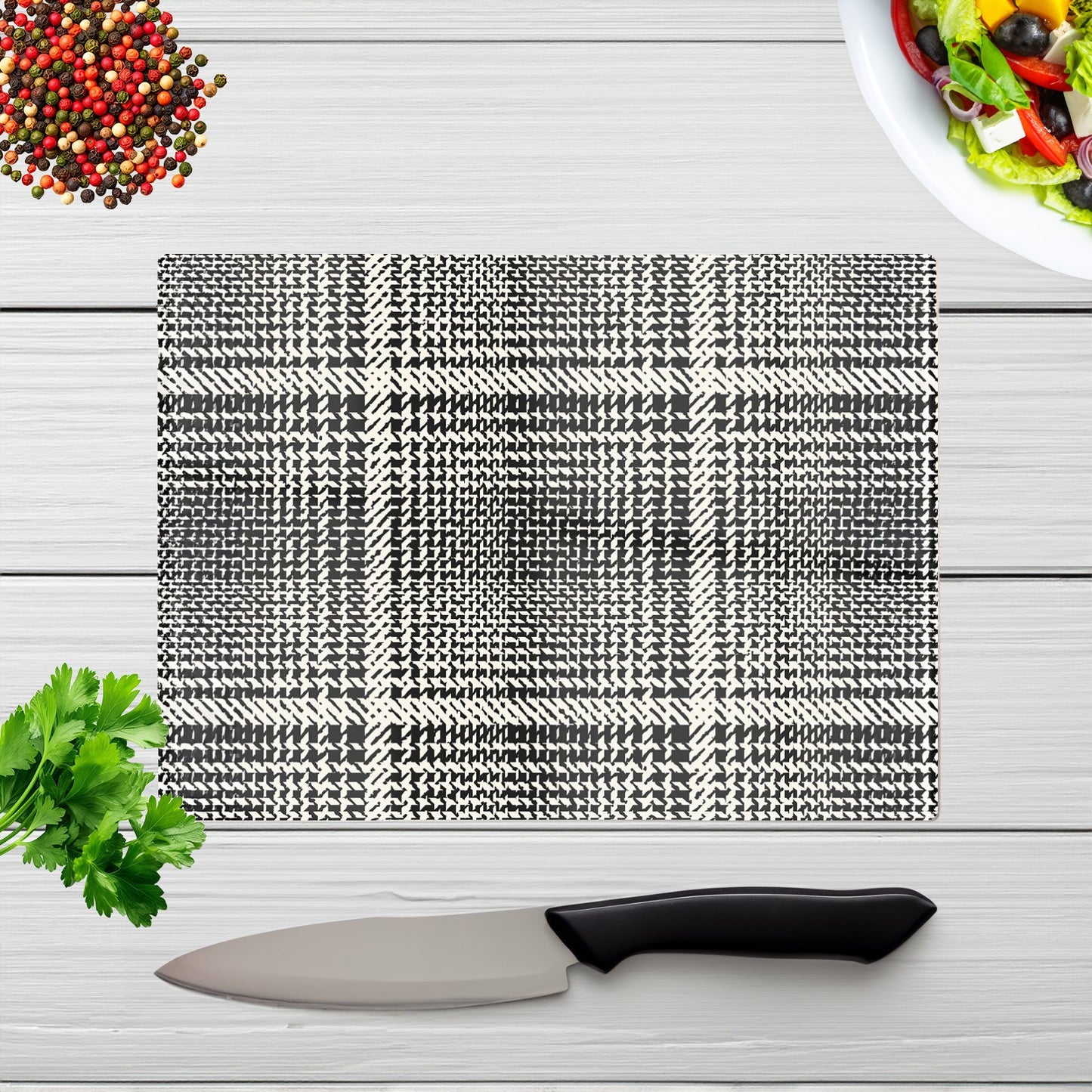 Monochrome Textured Checked Pattern Glass Chopping Board
