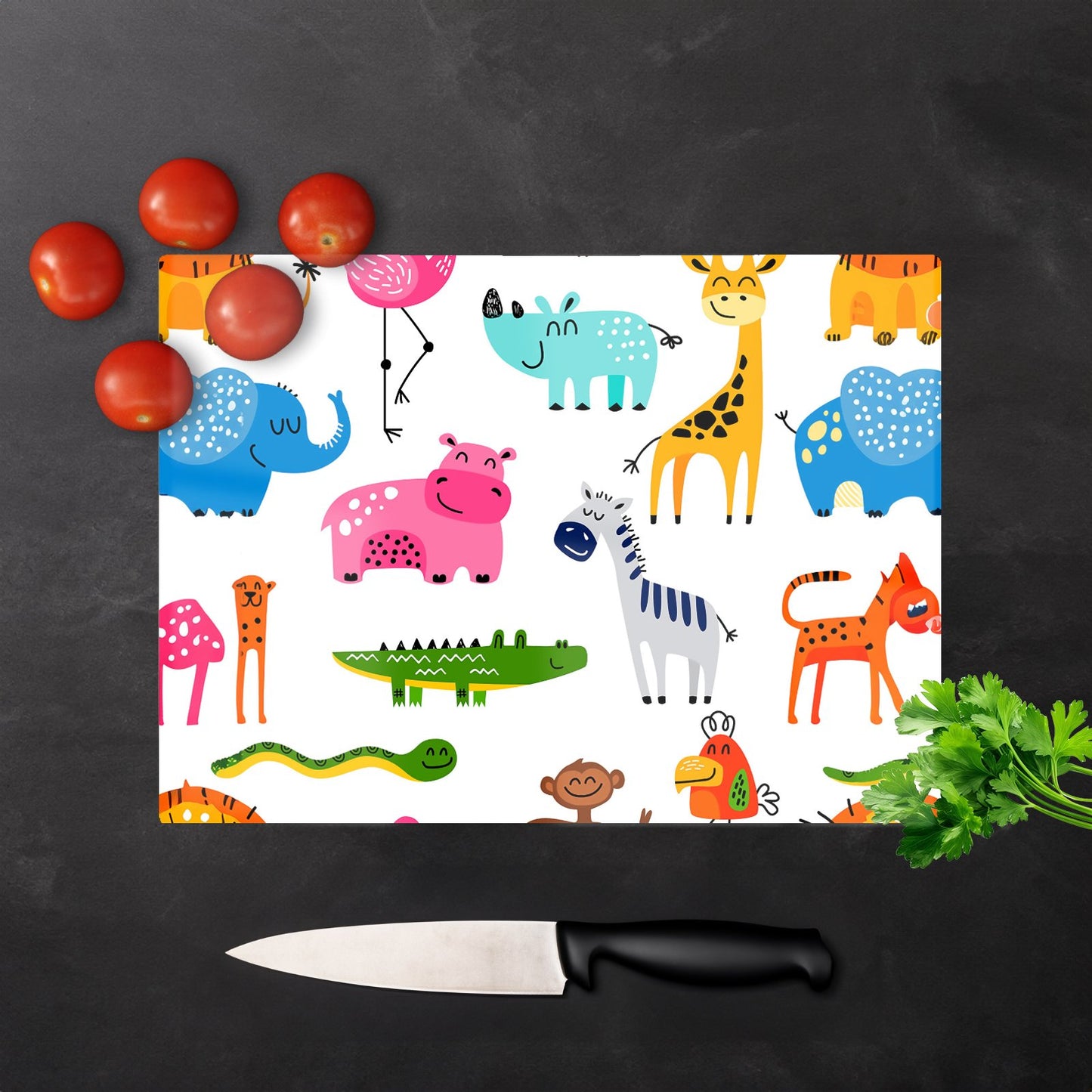 Hand Drawn Cartoon Animals Glass Chopping Board