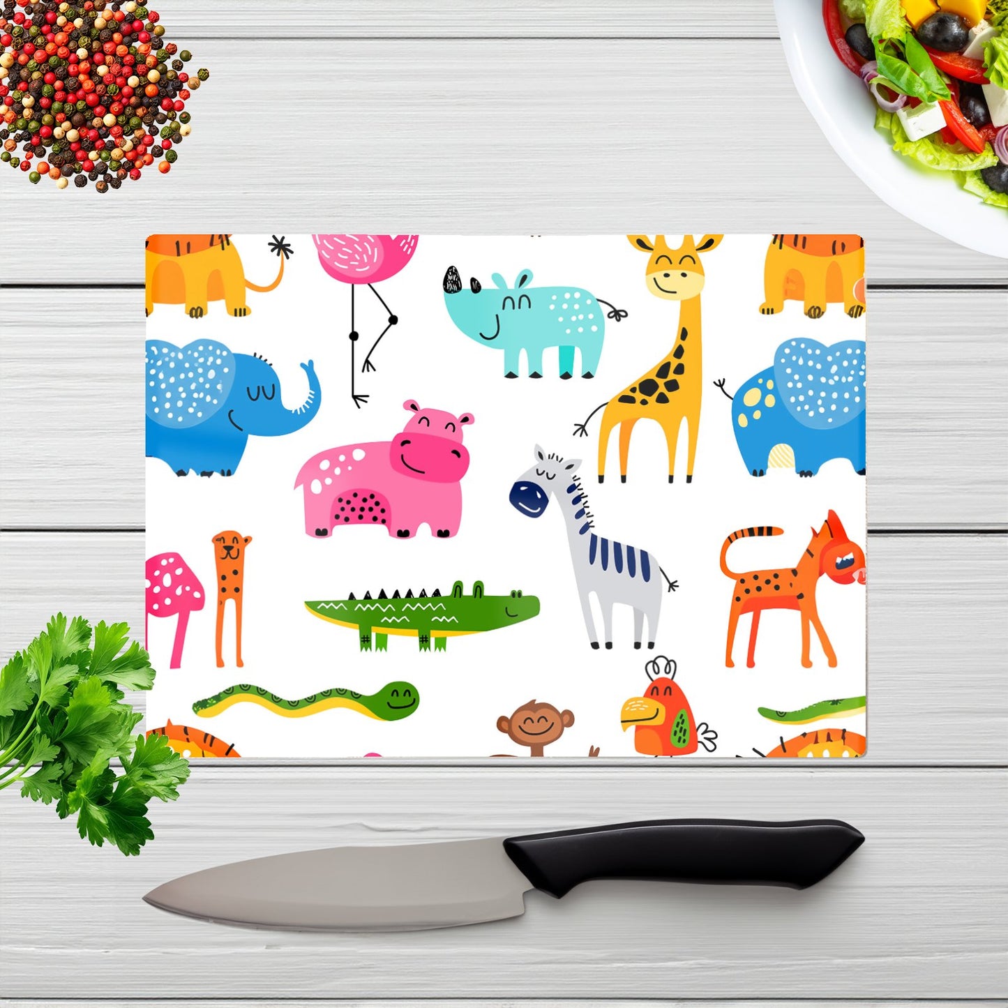 Hand Drawn Cartoon Animals Glass Chopping Board