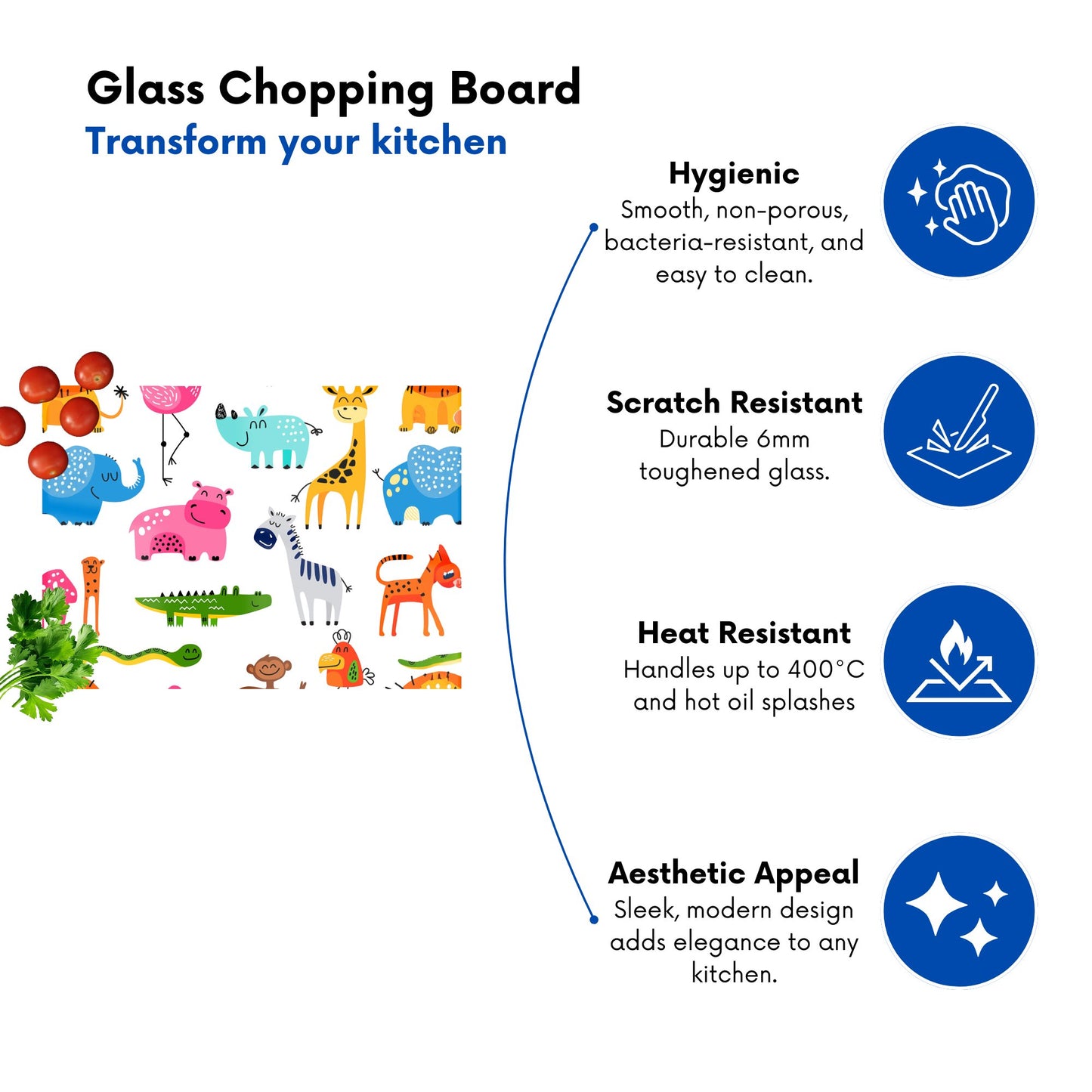 Hand Drawn Cartoon Animals Glass Chopping Board