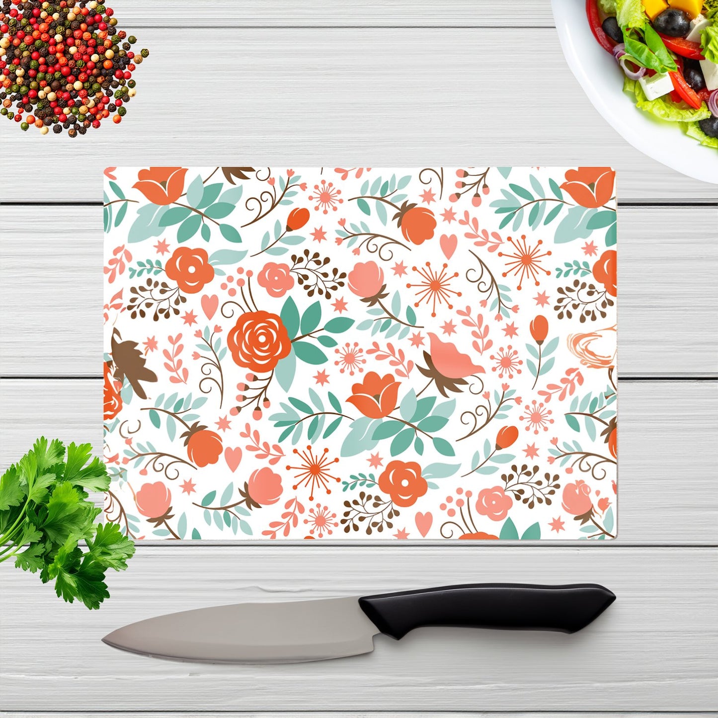 Orange Floral Pattern Glass Chopping Board