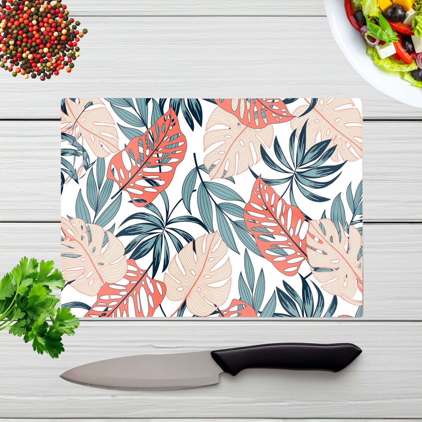 Tropical Leaf Pattern Glass Chopping Board