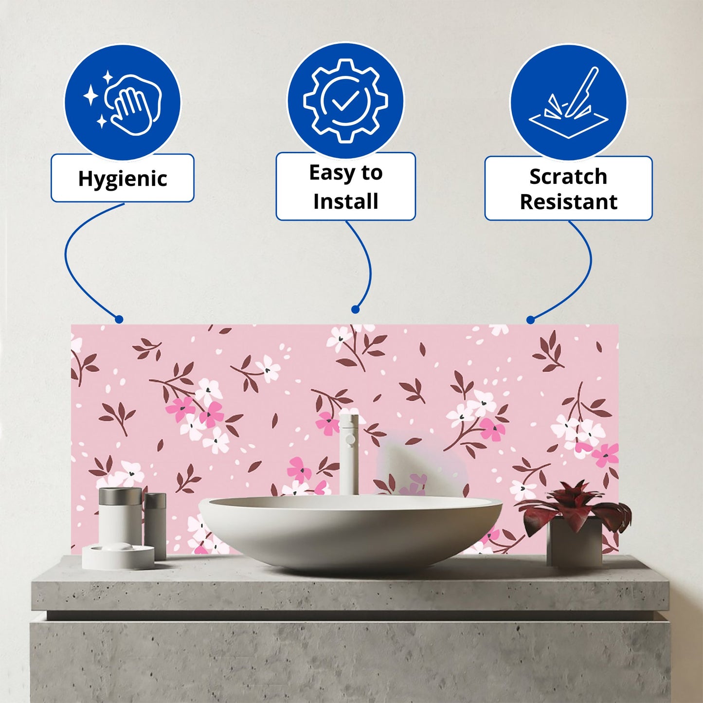 Pretty Pink Flower Pattern Glass Bathroom Splashback