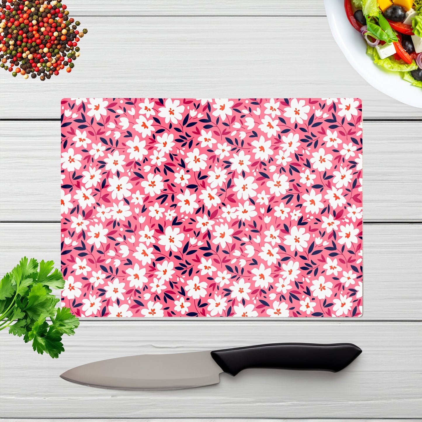 Small Cute White Flower Pattern Glass Chopping Board
