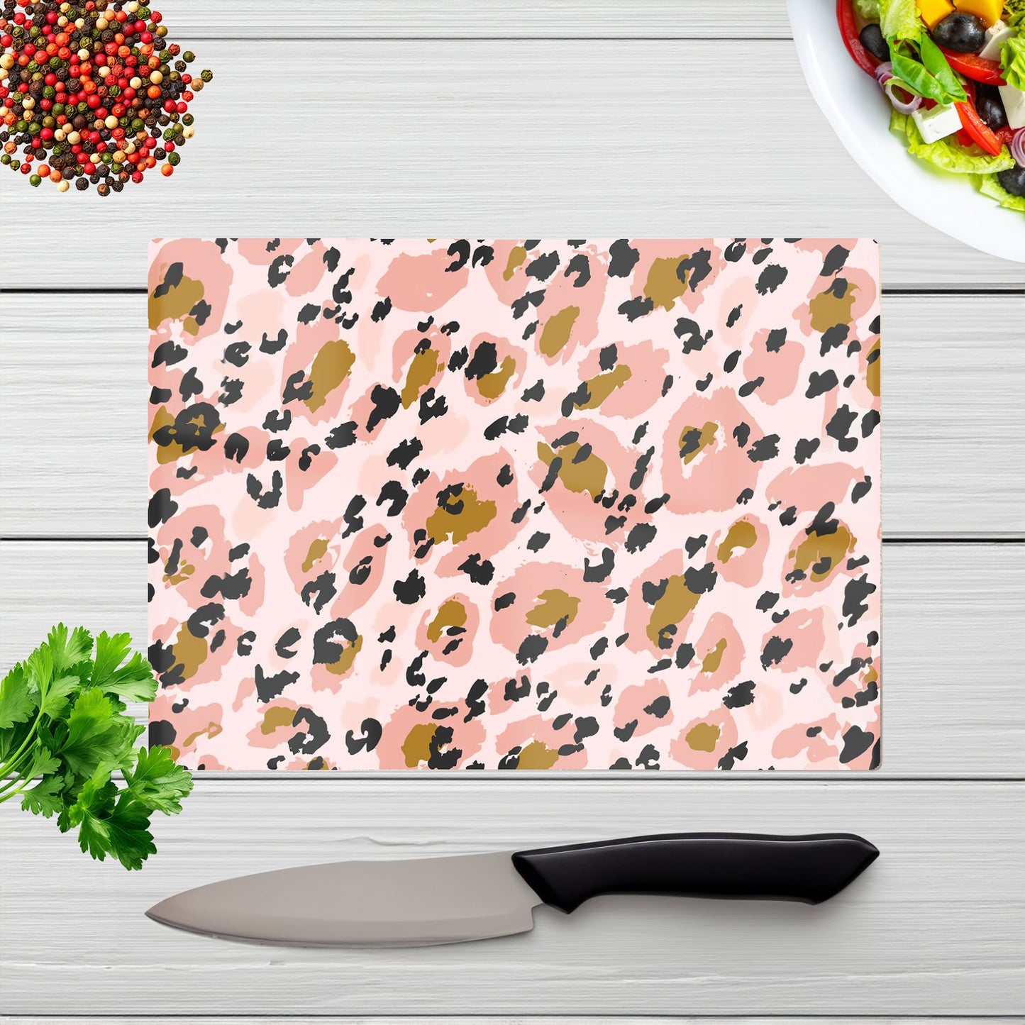 Hand Drawn Pink Leopard Print Glass Chopping Board
