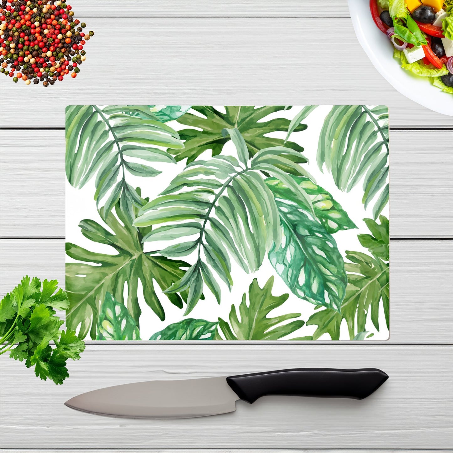 Exotic Rainforest Leaves Glass Chopping Board