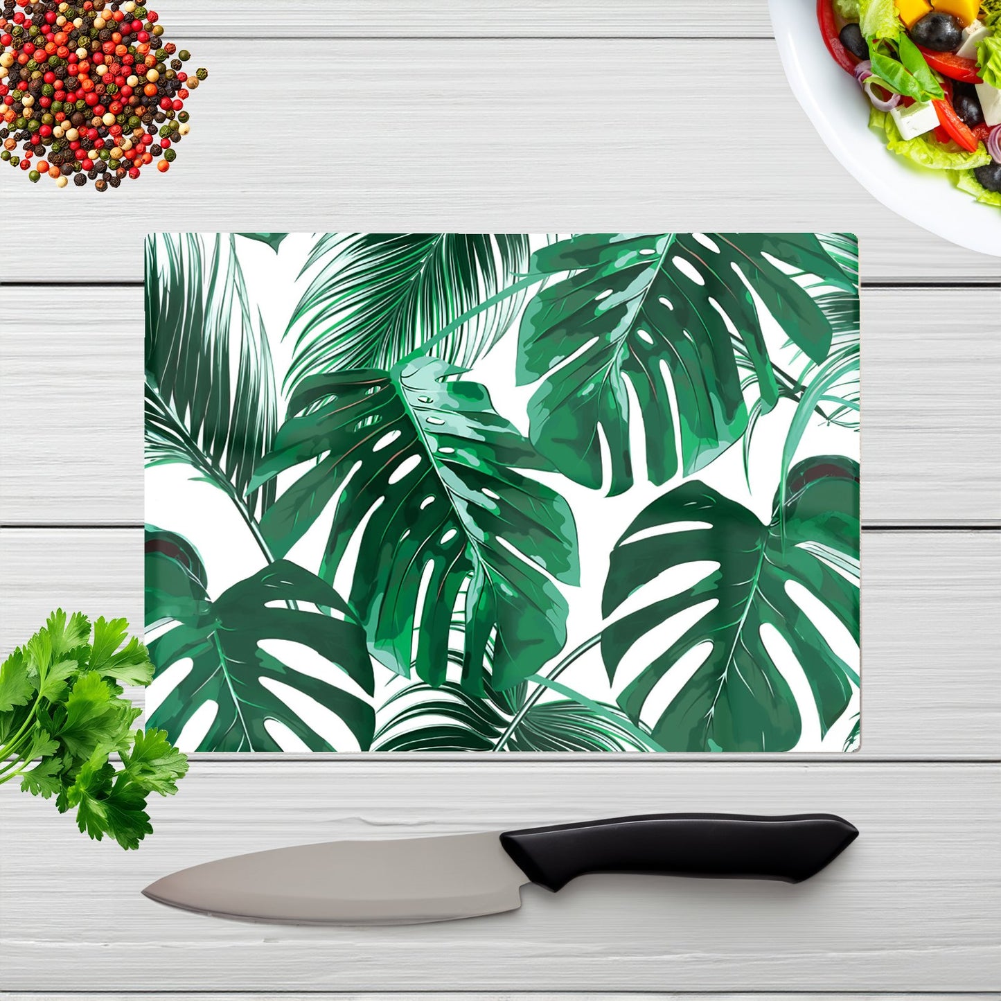 Tropical Jungle Leaf Pattern Glass Chopping Board
