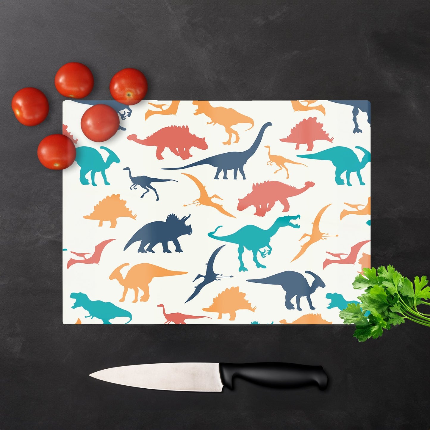 Multicoloured Dinosaurs Glass Chopping Board