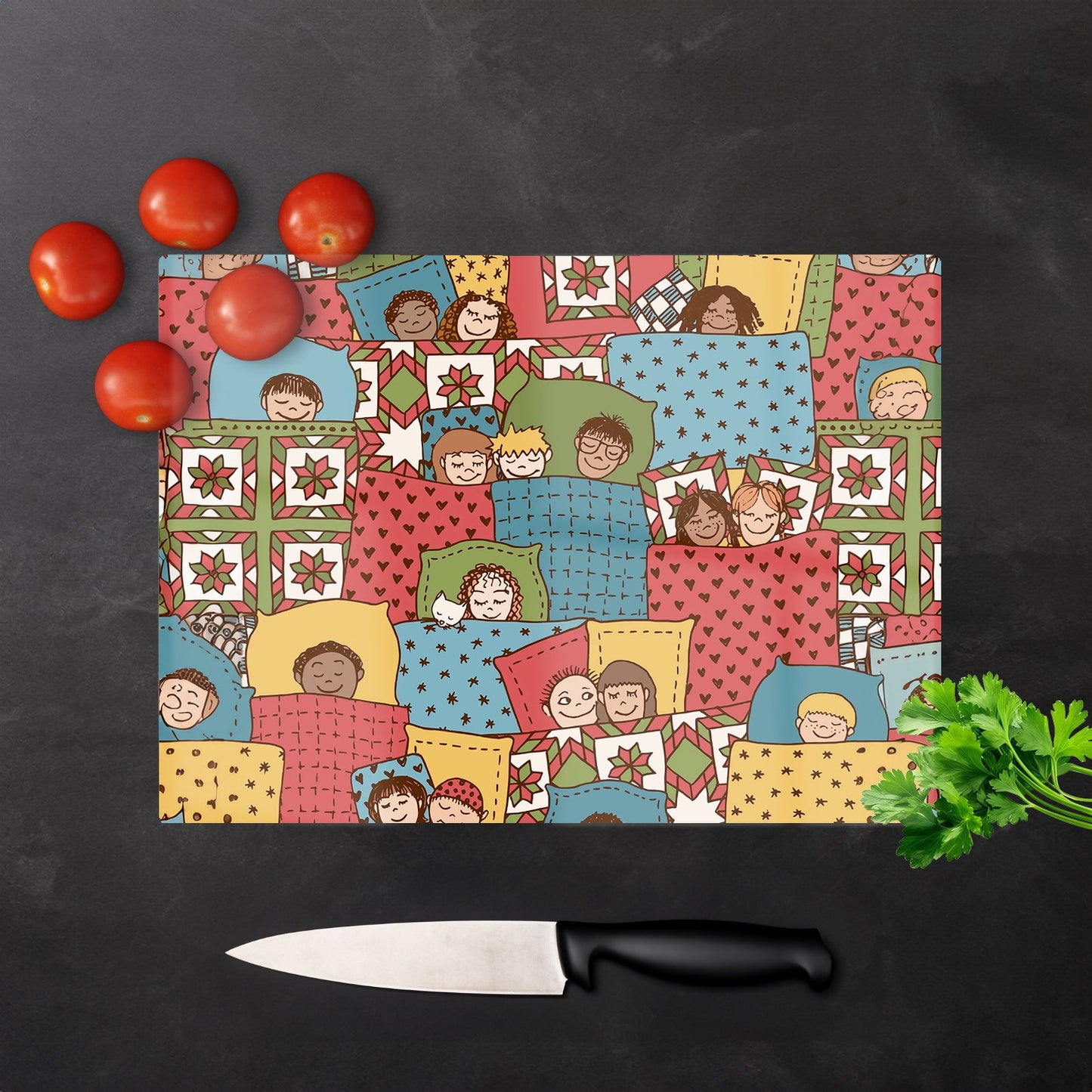 Hand Drawn Sleeping Doodle Faces Glass Chopping Board