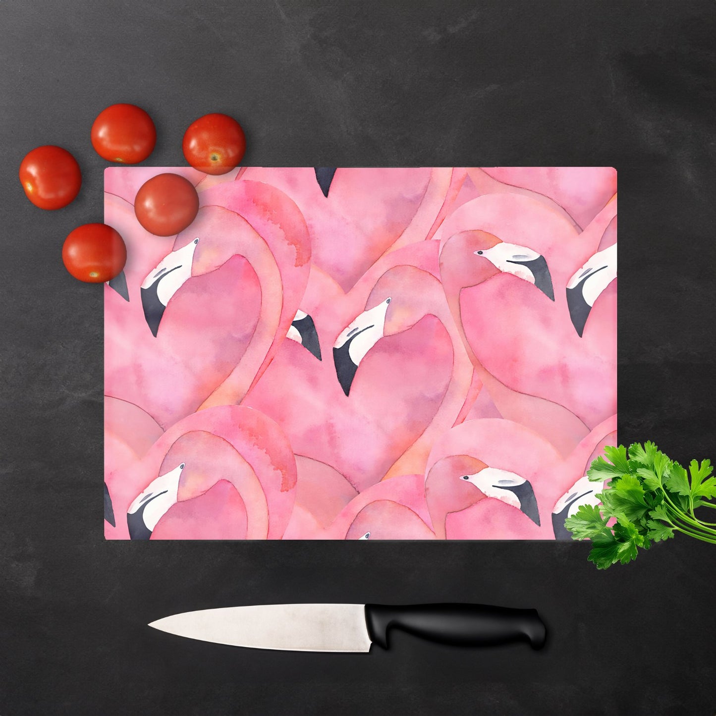 Watercolour Flamingo Hearts Glass Chopping Board