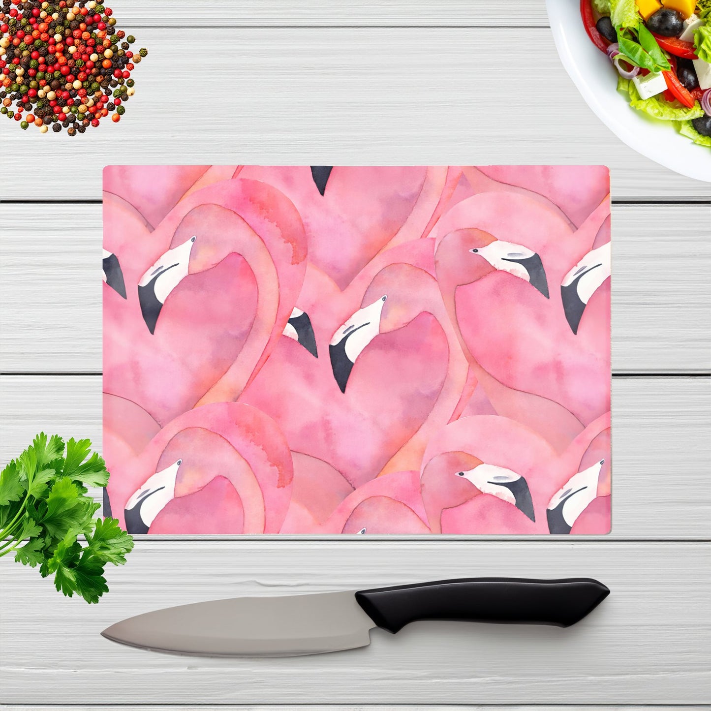 Watercolour Flamingo Hearts Glass Chopping Board