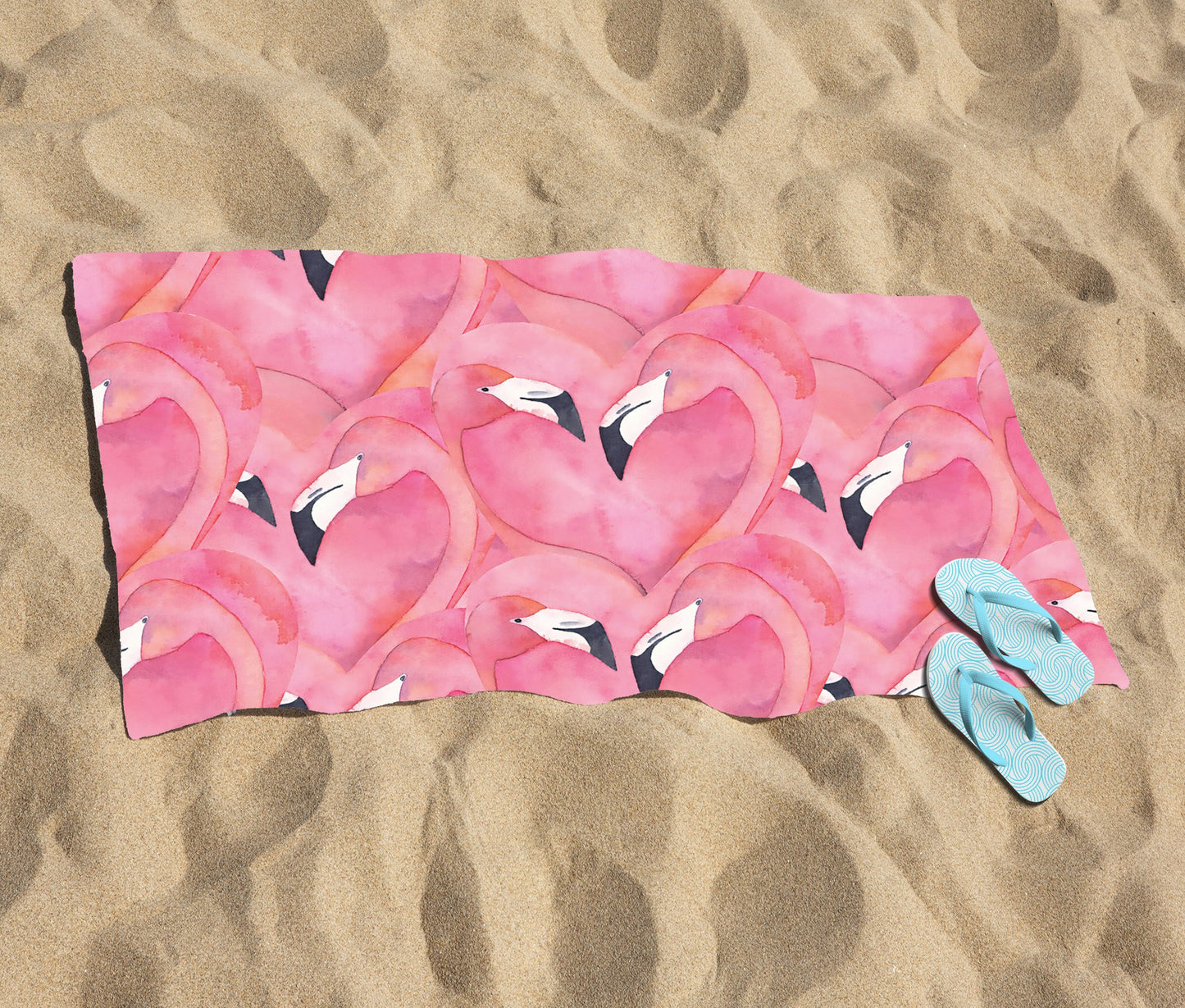 Watercolour Flamingo Hearts Beach Towel