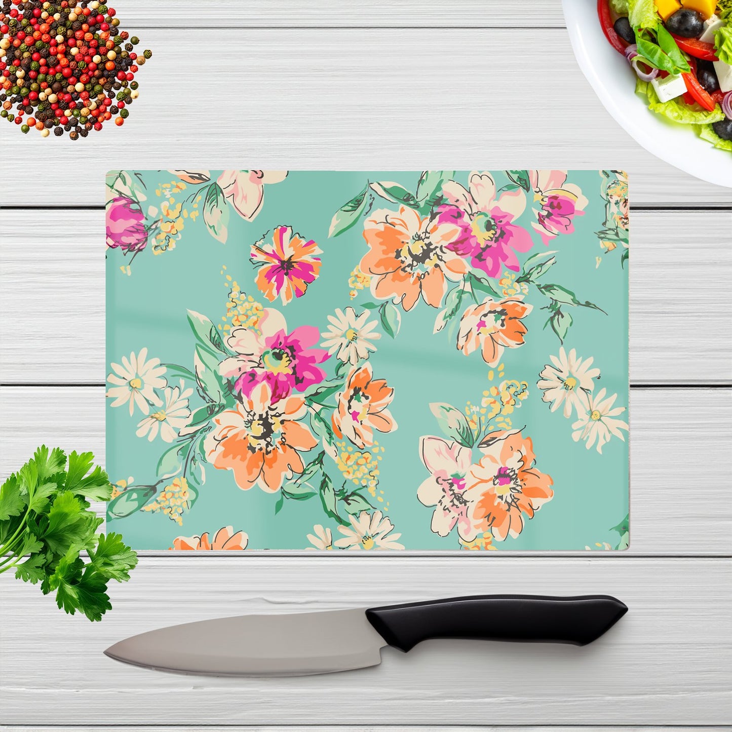 Bright Flower Sketch Glass Chopping Board