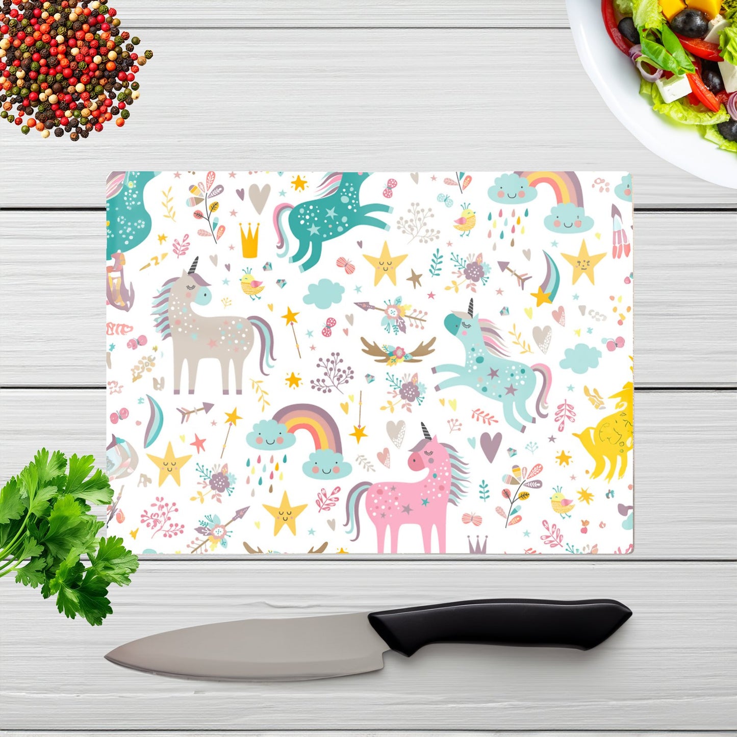Unicorn And Rainbows Glass Chopping Board