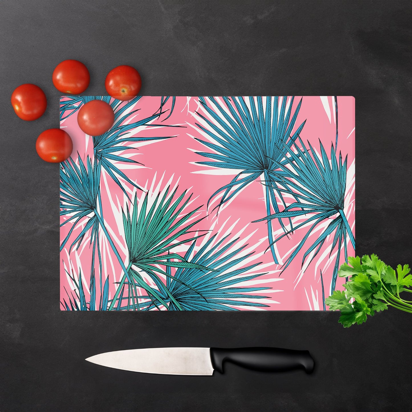 Pink Green Fan Palms Glass Chopping Board