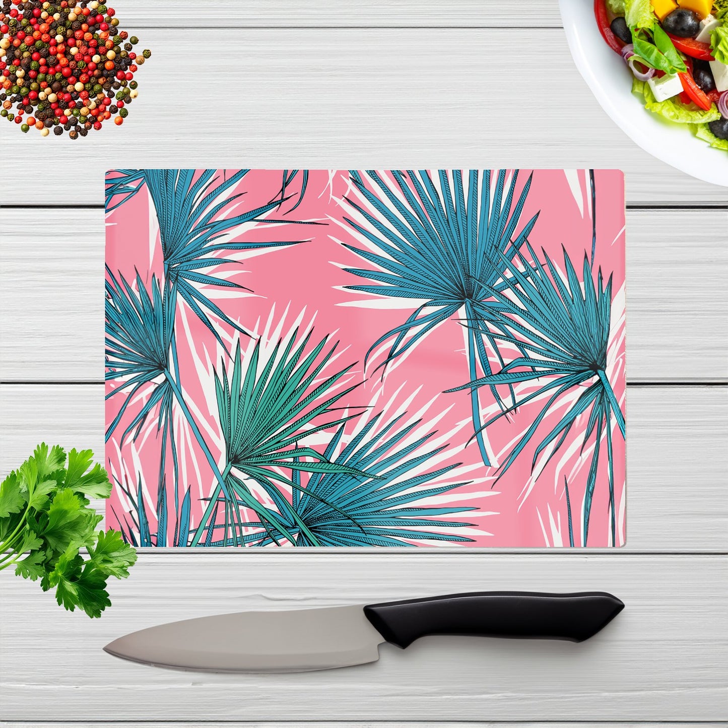 Pink Green Fan Palms Glass Chopping Board