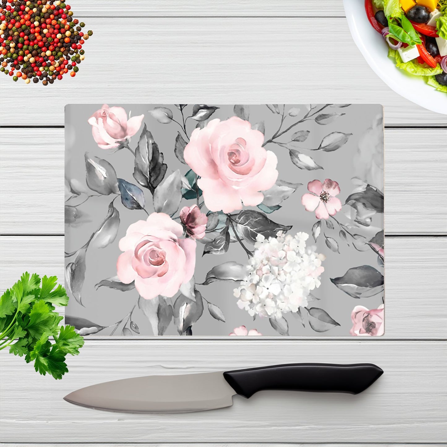 Dusty Pink Roses Glass Chopping Board