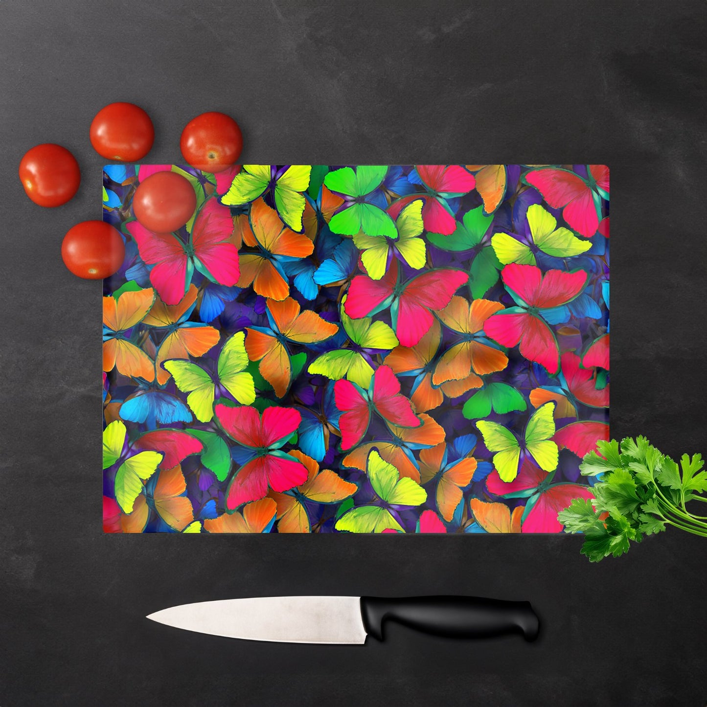 Rainbow Butterflies Glass Chopping Board