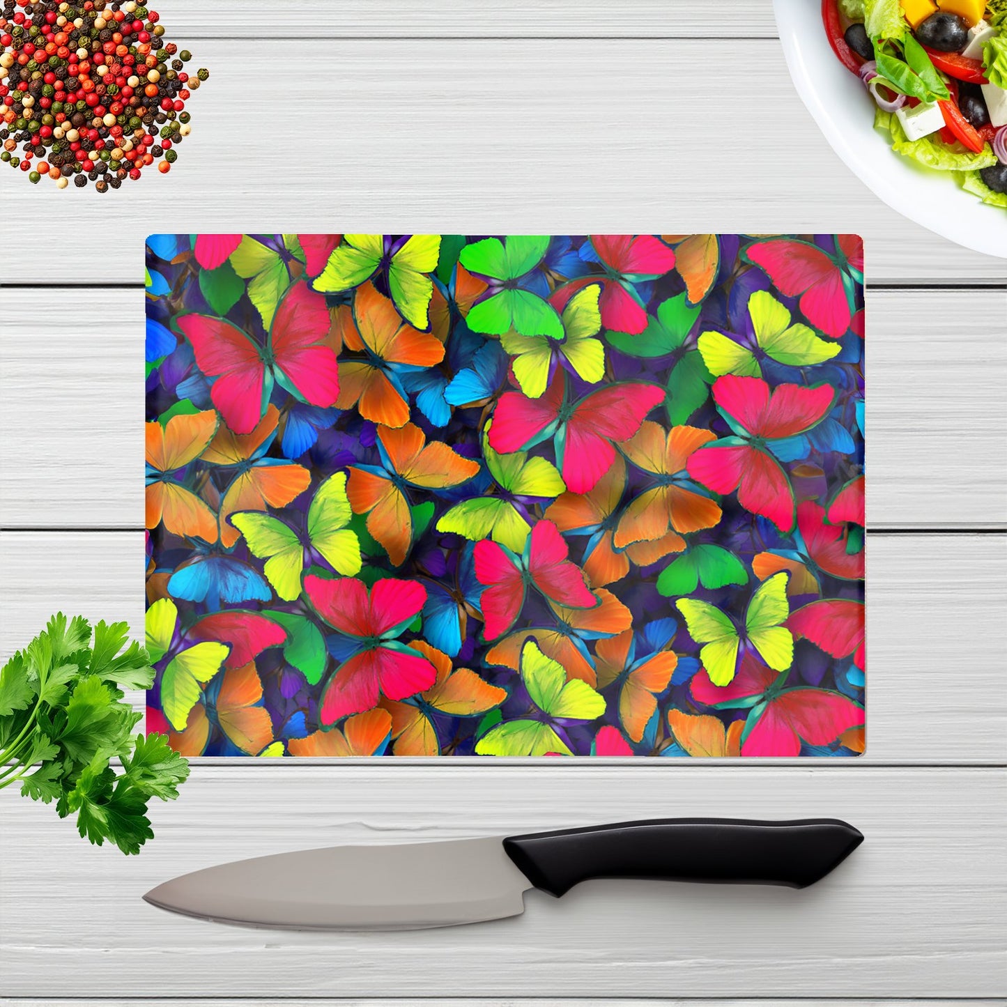 Rainbow Butterflies Glass Chopping Board
