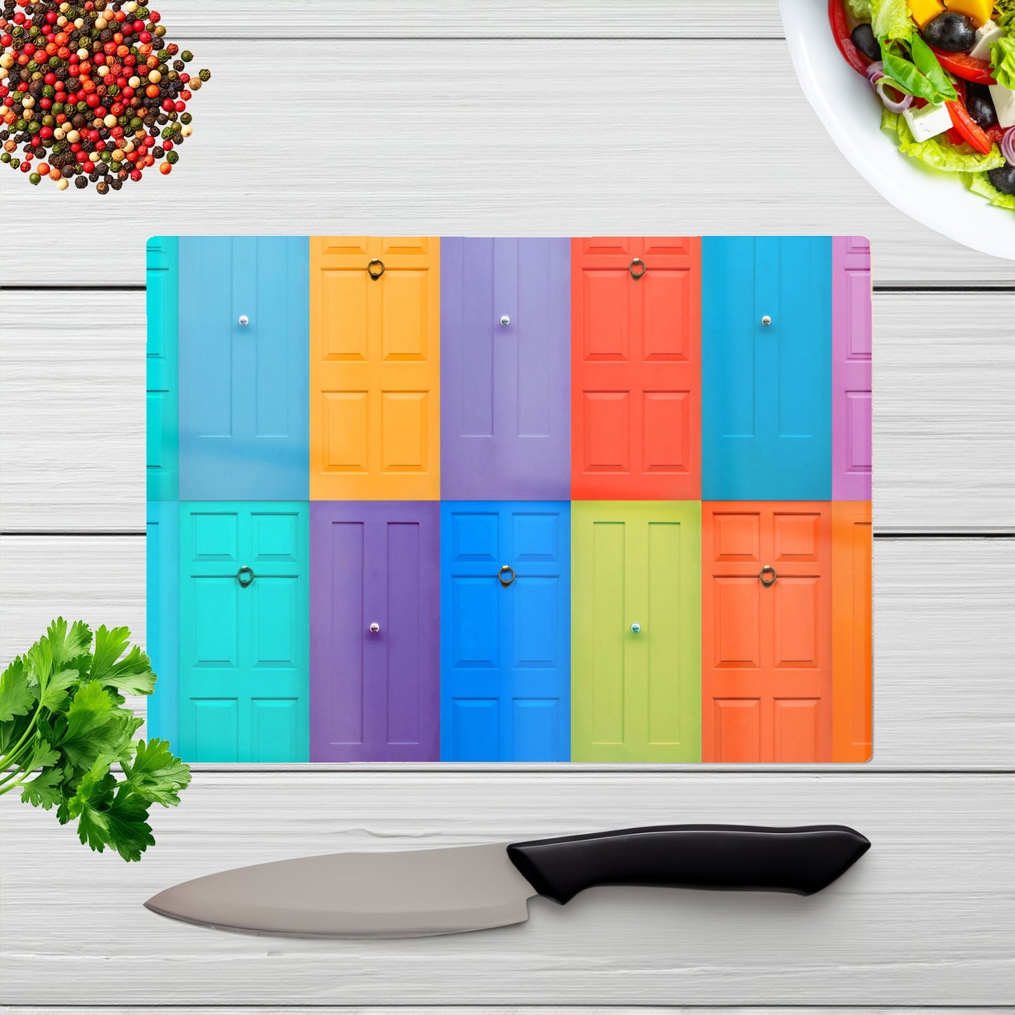 Colourful English Doors Glass Chopping Board